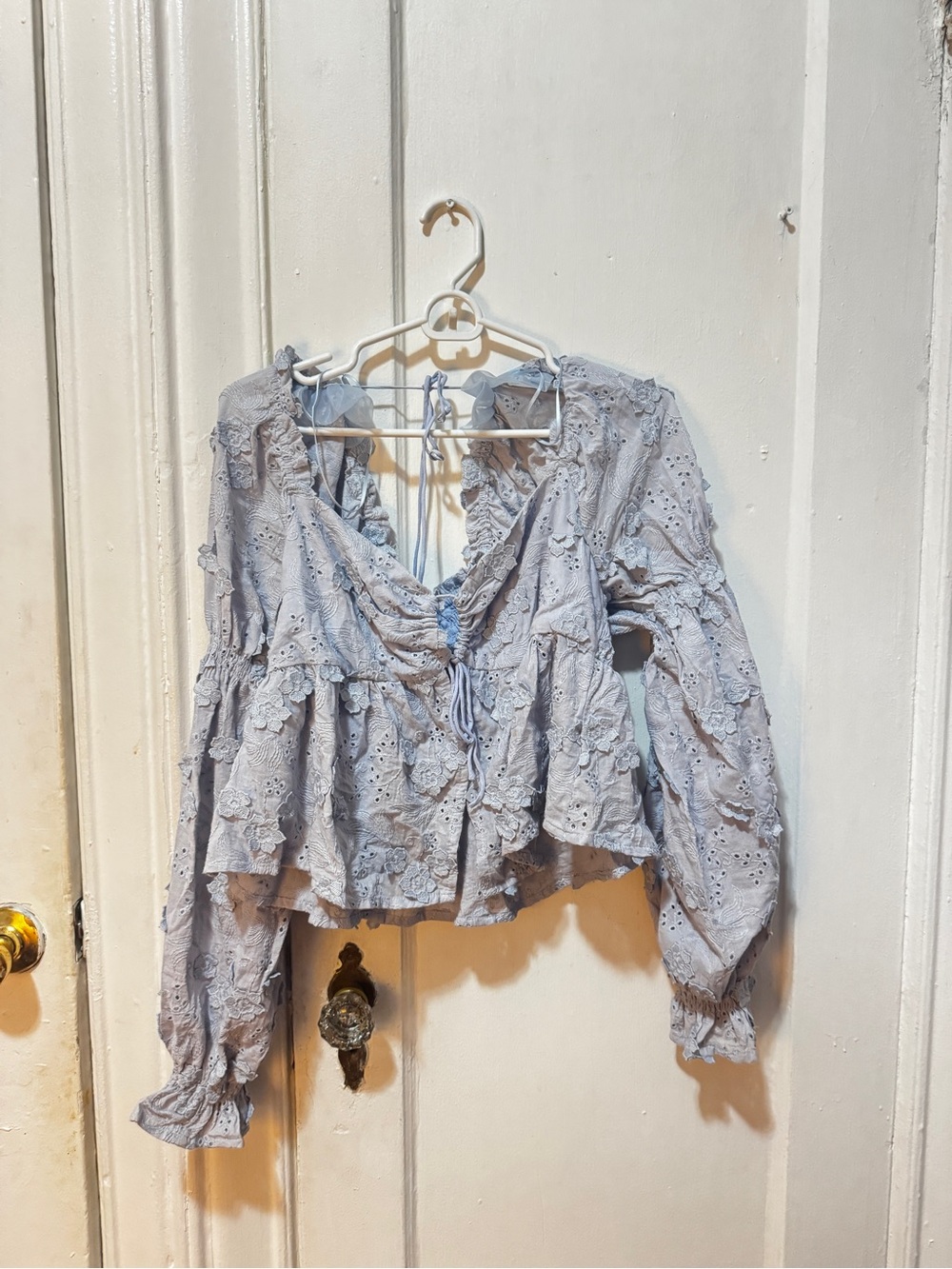 Astr Light Blue Eyelet Peasant Blouse with Ruffle Tie
